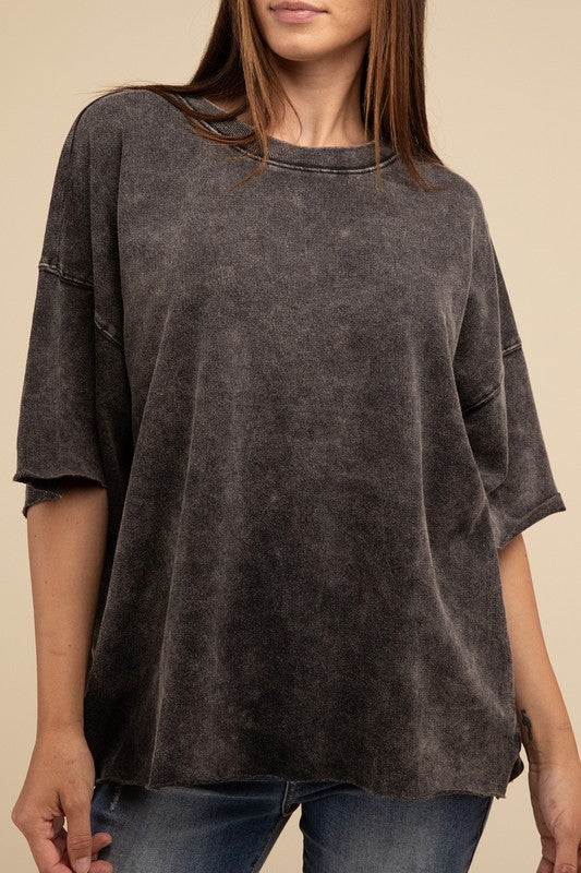 French Terry Washed Drop Shoulder Short Sleeve Top