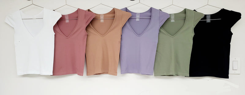 Ribbed Vneck Capsleeve Top