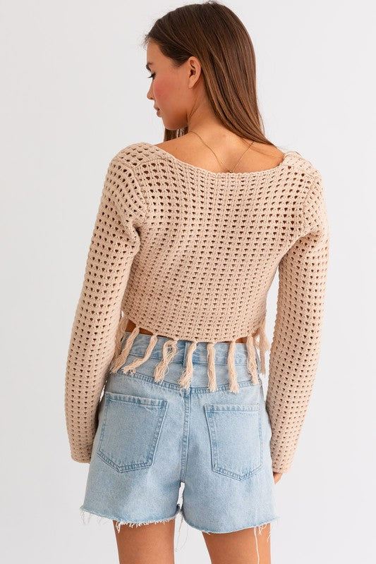 Sqaure Neck Fringe Sweater Top